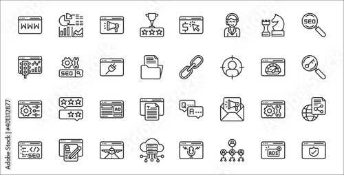 set of 32 internet marketing strategy thin outline icons such as security, affiliate marketing, server, web coding, configuration, advertising, keywording, links, seo