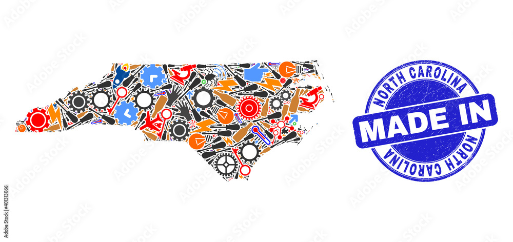 Service North Carolina State map mosaic and MADE IN scratched stamp. North Carolina State map composition formed with wrenches,cogs,instruments,elements,cars, electric bolts,details. Service North Carolina State map mosaic and MADE IN scratched stamp. North Carolina State map composition formed with wrenches,cogs,instruments,elements,cars, electric bolts,details.