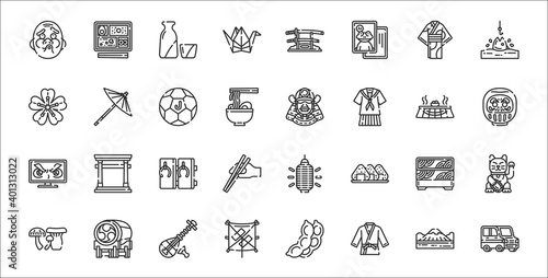 set of 32 japan thin outline icons such as kei, judo, kite, mushrooms, lunch box, geta, daruma, samurai, wagasa
