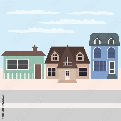 Street of large suburban houses, colorful design