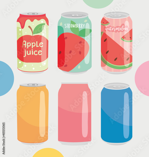 fruit and colorful soda cans collection