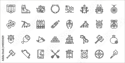 set of 32 viking thin outline icons such as torch, viking, arrow, axe, hammer, horn, armor, helmet, catapult