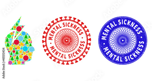 Headache collage of New Year symbols, such as stars, fir-trees, colored round items, and MENTAL SICKNESS corroded stamp seals. Vector MENTAL SICKNESS imprints uses guilloche ornament,