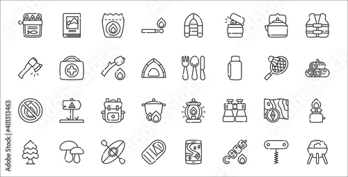 set of 32 summer camp thin outline icons such as barbecue, skewer, sleeping bag, pine, map, backpack, firewood, cutlery, first aid kit