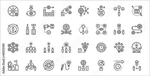 set of 32 sustainable competitive thin outline icons such as partner, quality, de, strategy, innovation, advantage, process, intellectual property, scale