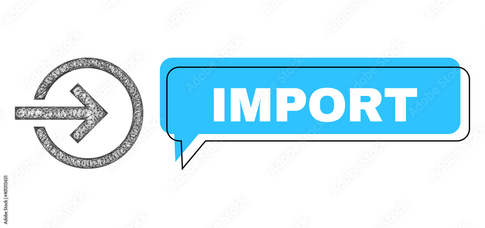 Speech Import blue bubble frame and wire frame import. Frame and colored area are misplaced to Import phrase, which is located inside blue colored cloud. Vector quote label inside message contour. Speech Import blue bubble frame and wire frame import. Frame and colored area are misplaced to Import phrase, which is located inside blue colored cloud. Vector quote label inside message contour.
