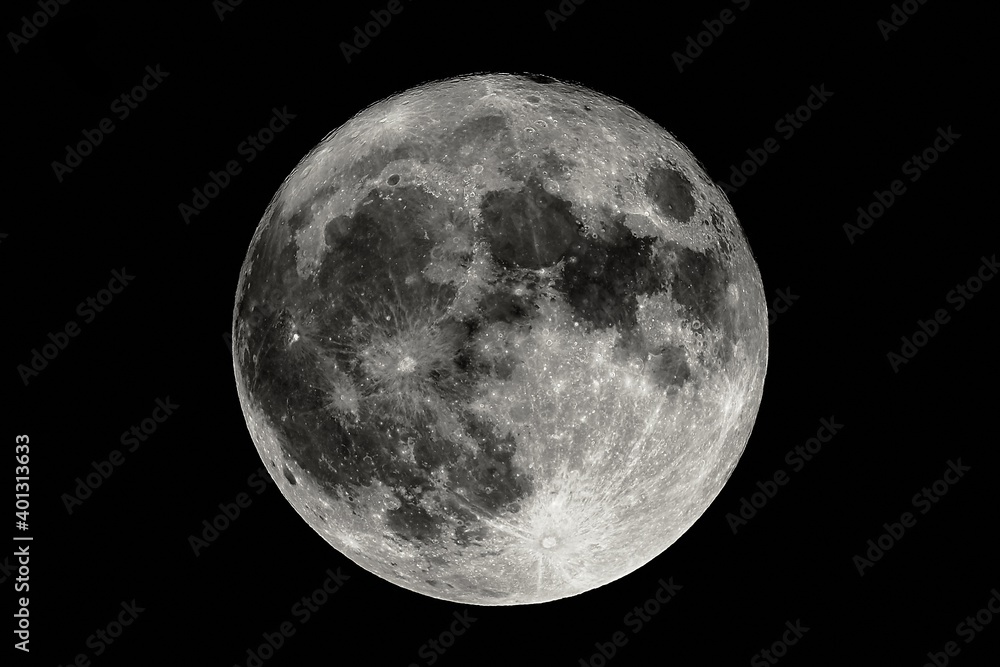 Detailed shot of the full Moon at shot at 1600mm focal length, high contrast Detailed shot of the full Moon at shot at 1600mm focal length, high contrast