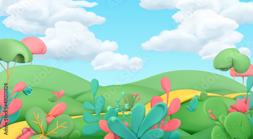 Cartoon spring landscape. Art illustration. 3d vector background