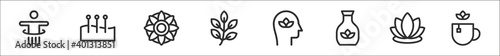 set of 8 therapy thin outline icons such as hula hoop, acupuncture, mandala, herb, meditation, essential oil, lotus, herbal tea