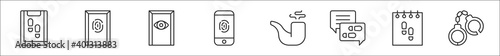 set of 8 detective thin outline icons such as report, office, spy, smartphone, smoking pipe, footprints, report, handcuffs