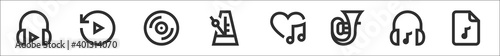 set of 8 music thin outline icons such as play, replay, lp, metronome, favourite, tuba, music, music file