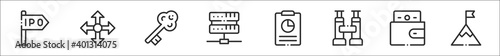 set of 8 startups thin outline icons such as ipo, move, key, server, file, binoculars, wallet, goal