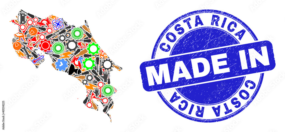 Component mosaic Costa Rica map and MADE IN distress stamp seal. Costa Rica map collage created with spanners,wheels,instruments,,keys,vehicles, electric sparks,details.