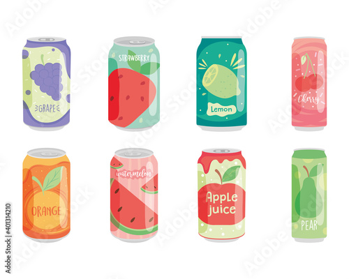 soda cans of fruit flavors icon set, colorful design