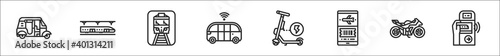 set of 8 public transport thin outline icons such as ricksaw, subway, station, shuttle, scooter, mobile, motorbike, card photo