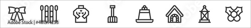 set of 8 christmas thin outline icons such as bow, skiing, christmas sweater, shovel, pudding, gingerbread house, lantern, mistletoe