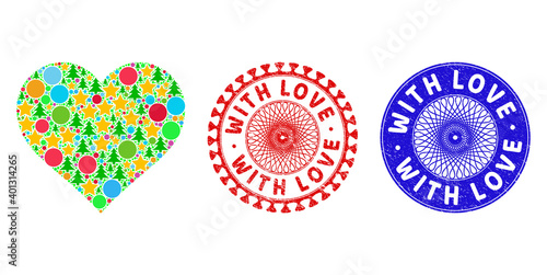 Love heart mosaic of New Year symbols, such as stars, fir-trees, multicolored spheres, and WITH LOVE rubber stamps. Vector WITH LOVE stamps uses guilloche pattern, designed in red and blue variations.