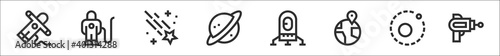 set of 8 space thin outline icons such as astronaut, astronaut, shooting star, saturn, lander, landing, orbit, blaster