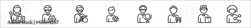 set of 8 man worker avatar thin outline icons such as podiatrist, technician, nutritionist, artist, teacher, salesman, courier, community manager