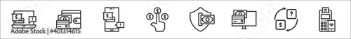 set of 8 payment and bank thin outline icons such as bill, wallet, online payment, ppc, secure payment, online currency exchange, edc