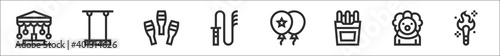 set of 8 circus thin outline icons such as carousel, trapeze, juggling, whip, balloons, french fries, clown, torch