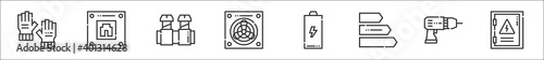 set of 8 electrician tools and thin outline icons such as gloves, socket, screw, cooling system, battery, energy class, drill, distribution board