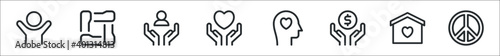 set of 8 charity thin outline icons such as volunteer, unity, support, compassion, love, donation, shelter, peace