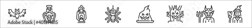 set of 8 halloween thin outline icons such as bat, posion, lantern, spider, witch hat, evil, devil, witch