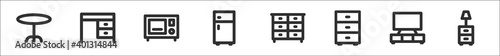 set of 8 furniture home decor thin outline icons such as circle table, desk, oven, freezer, drawers, cupboard, tv monitor, drawers