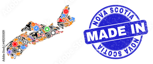 Production mosaic Nova Scotia Province map and MADE IN distress seal. Nova Scotia Province map mosaic composed with wrenches,cogs,instruments,components,vehicles,electricity sparks,rockets.
