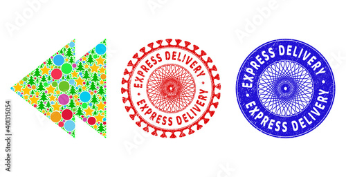 Move left mosaic of New Year symbols, such as stars, fir trees, colored round items, and EXPRESS DELIVERY dirty stamp seals. Vector EXPRESS DELIVERY stamp seals uses guilloche pattern,
