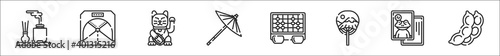 set of 8 japan thin outline icons such as kodo, tunnel, maneki neko, wagasa, go ban, fan, karuta, edamame