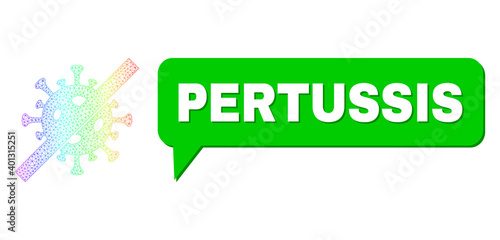 Pertussis and no flu virus vector. Spectral colored mesh no flu virus, and chat Pertussis bubble message. Chat colored Pertussis bubble has shadow.