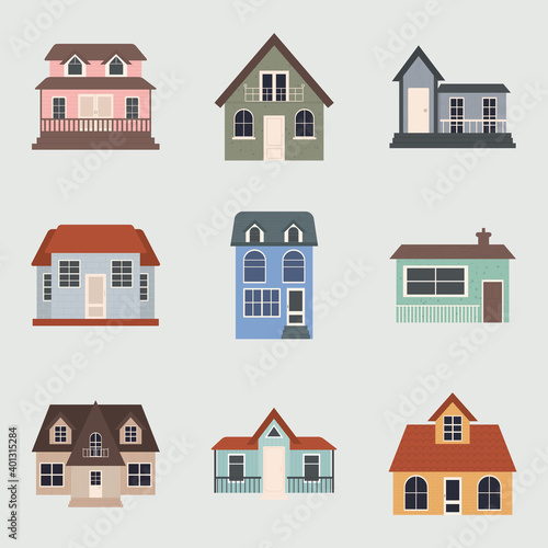 suburban houses icon set  colorful design