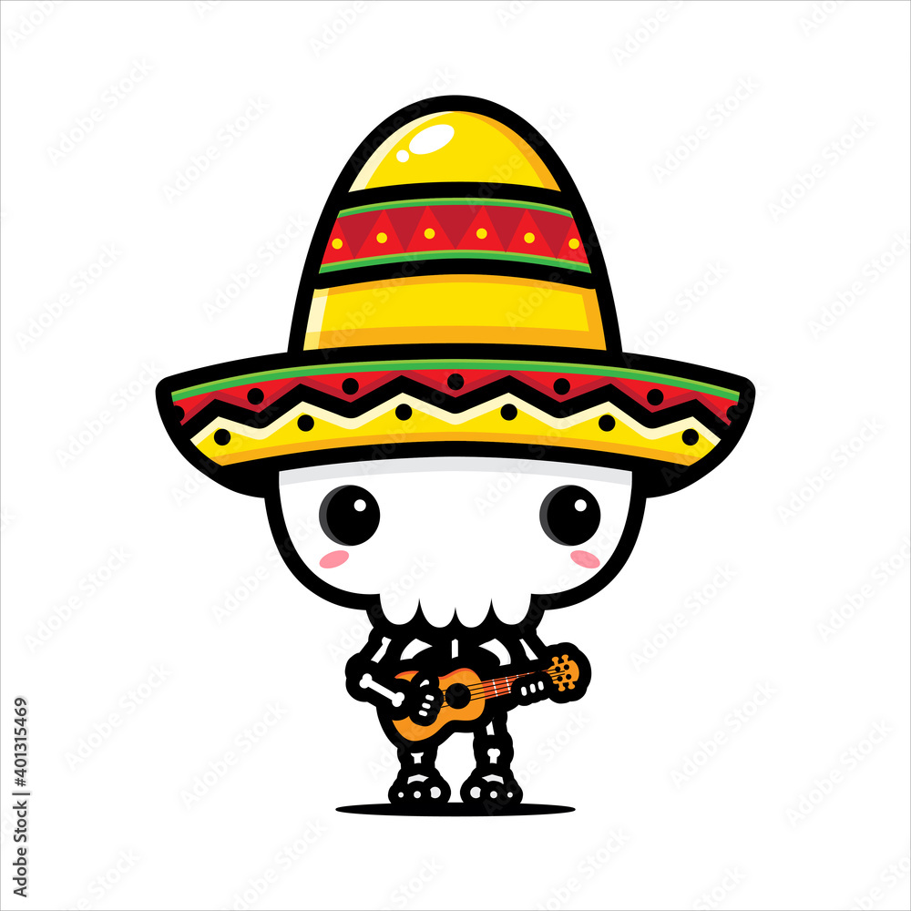 Vector design of cute skull skeleton character playing guitar Vector design of cute skull skeleton character playing guitar