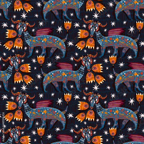 Folk rustic Hygge beautiful flash tattoo style winged dragon breathing out fire seamless pattern.