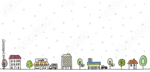 街並み　イラスト　手描き　冬