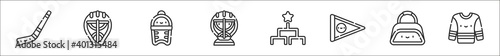 set of 8 hockey thin outline icons such as hockey stick, hockey helmet, shin guards, goalkeeper, tournament, pennant, sport bag, jersey