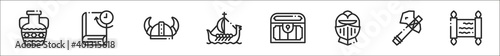 set of 8 history thin outline icons such as amphora, book, viking, ship, treasure, helmet, ax, papyrus