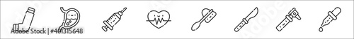 set of 8 medicine thin outline icons such as inhaler, stomach, syringe, heart rate, reflex hammer, scalpel, otoscope, dropper