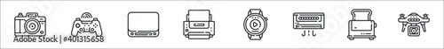 set of 8 electronic devices thin outline icons such as camera, game controller, mac, printer, smartwatch, air conditioner, toaster, drone