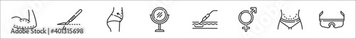 set of 8 plastic surgery thin outline icons such as arm, incision, belly, mirror, fat, gender, belly, glasses