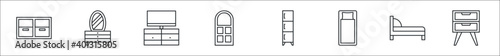 set of 8 furniture thin outline icons such as sideboard, dressing table, tv table, window, cabinet, single bed, bed, bedside table