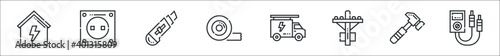 set of 8 electrician tools and thin outline icons such as house, socket, cutter, tape, truck, electric pole, hammer, multimeter