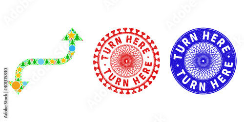 Opposite curved arrow mosaic of Christmas symbols, such as stars, fir trees, color spheres, and TURN HERE rubber stamps. Vector TURN HERE stamps uses guilloche ornament,