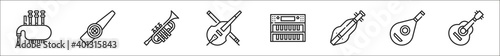 set of 8 music instruments thin outline icons such as bagpipes, kazoo, trumpet, cello, organ, dulcimer, lute, ukulele