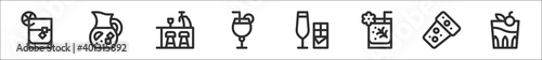 set of 8 cocktails thin outline icons such as whiskey on the rocks, sangria, bar, cocktail, cocktail, cocktail, cork,