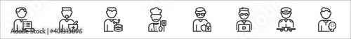 set of 8 man worker avatar thin outline icons such as manager, therapist, web administrator, chef, hacker, officer, pilot, psychologist