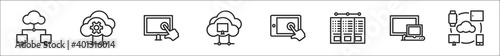 set of 8 computers and network thin outline icons such as internet, cloud computing, touchscreen, cloud computing, tablet, mainframe, laptop computer, cloud computing