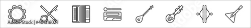 set of 8 music instruments thin outline icons such as tambourine, erhu, accordion, wood block, tanbur, veena, cymbals, balalaika